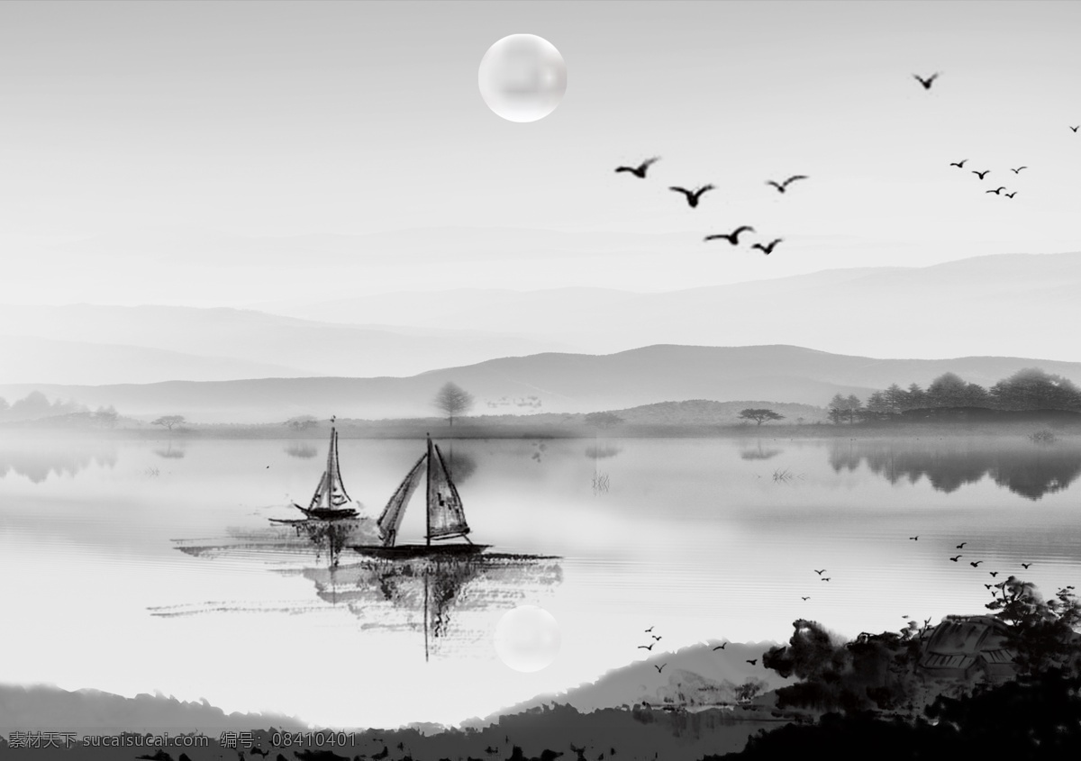 风景水墨画 风景 水墨画 船 树 湖