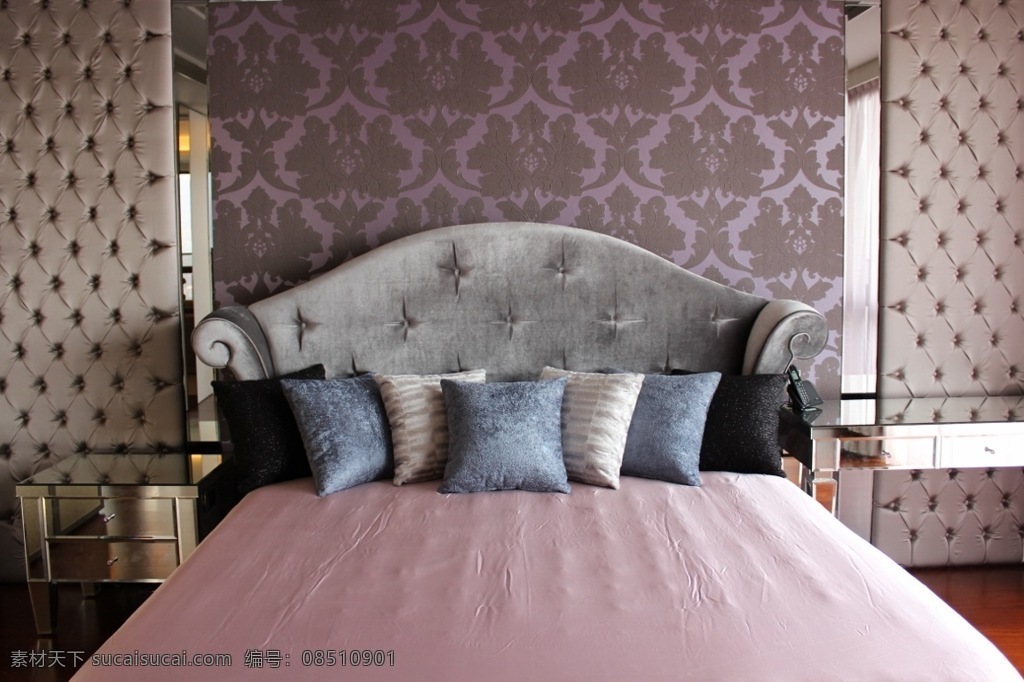 现代 浪漫 卧室 深 紫色 背景 墙 室内装修 效果图 卧室装修 斑点背景墙 皮质床头 紫色背景墙