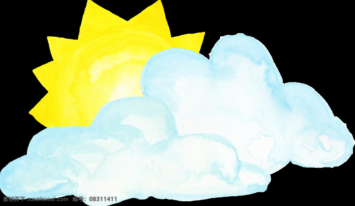 手绘 云朵 挡住 一半 太阳 透明 白色 淡蓝色 黄色 免扣素材 水彩 透明素材 装饰图案