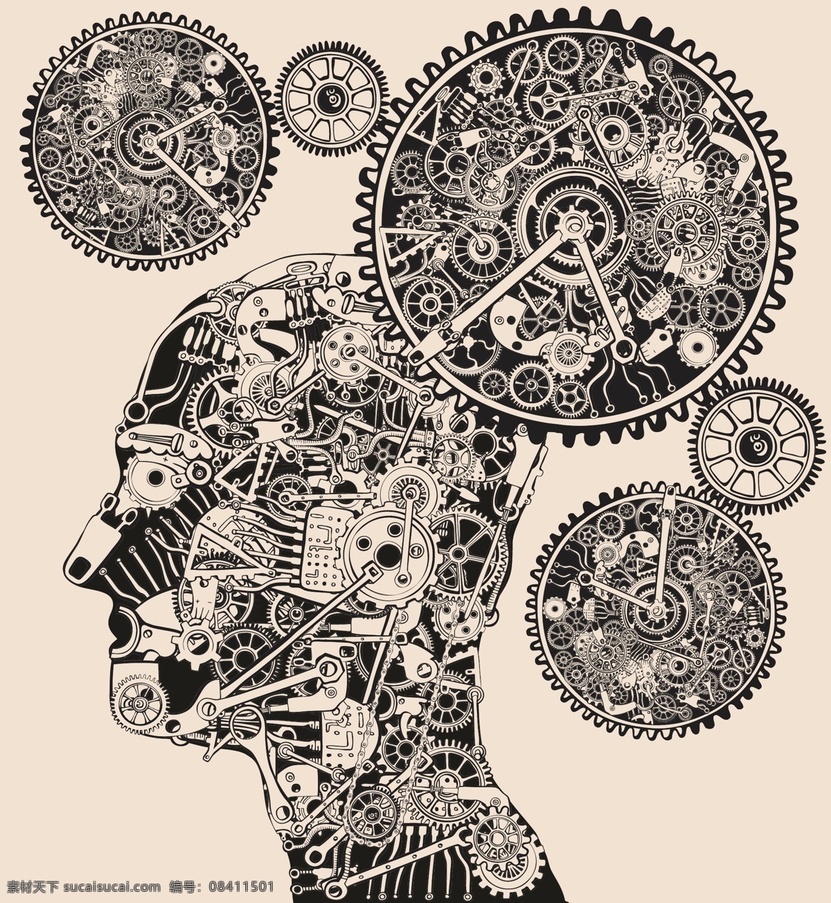 创意 机械 齿轮 人物 插画 大脑 工业