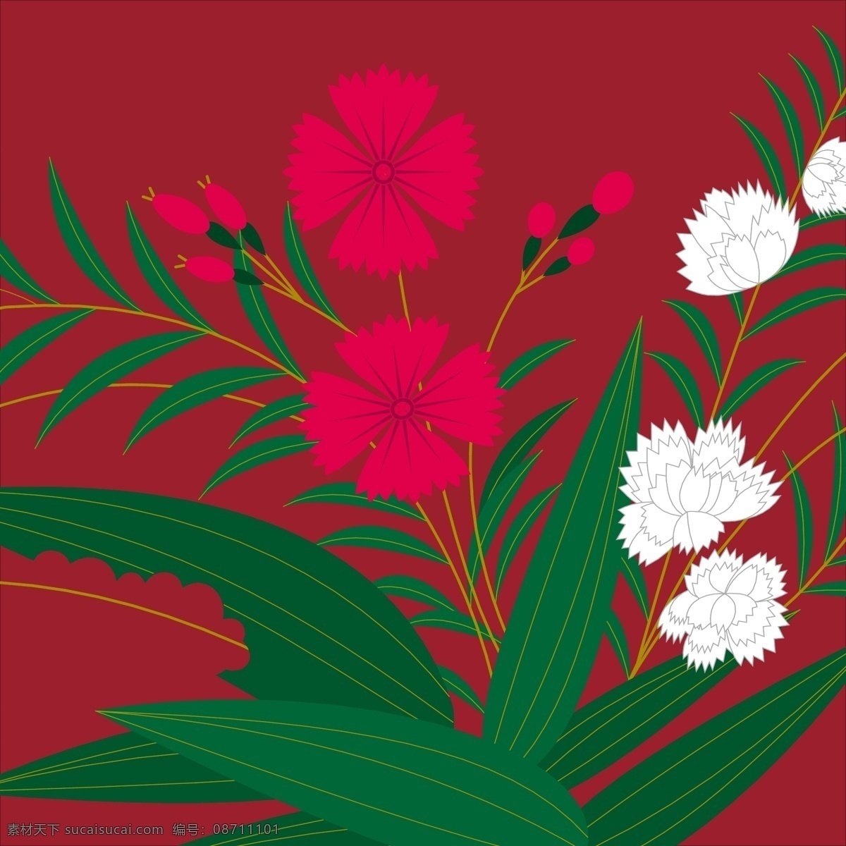 红色 花草 纹理 图 设计素材 设计元素 矢量素材 花朵 树叶 白色朵 花朵纹理图
