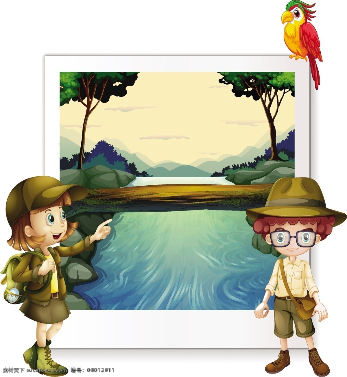自然 快乐 童年 小时候 小学生 背景 学生 森林 艺术 图形 儿童 木背景 男孩 绘画 元素 冒险 自然背景 河流 桥梁 青年 图画 年轻人