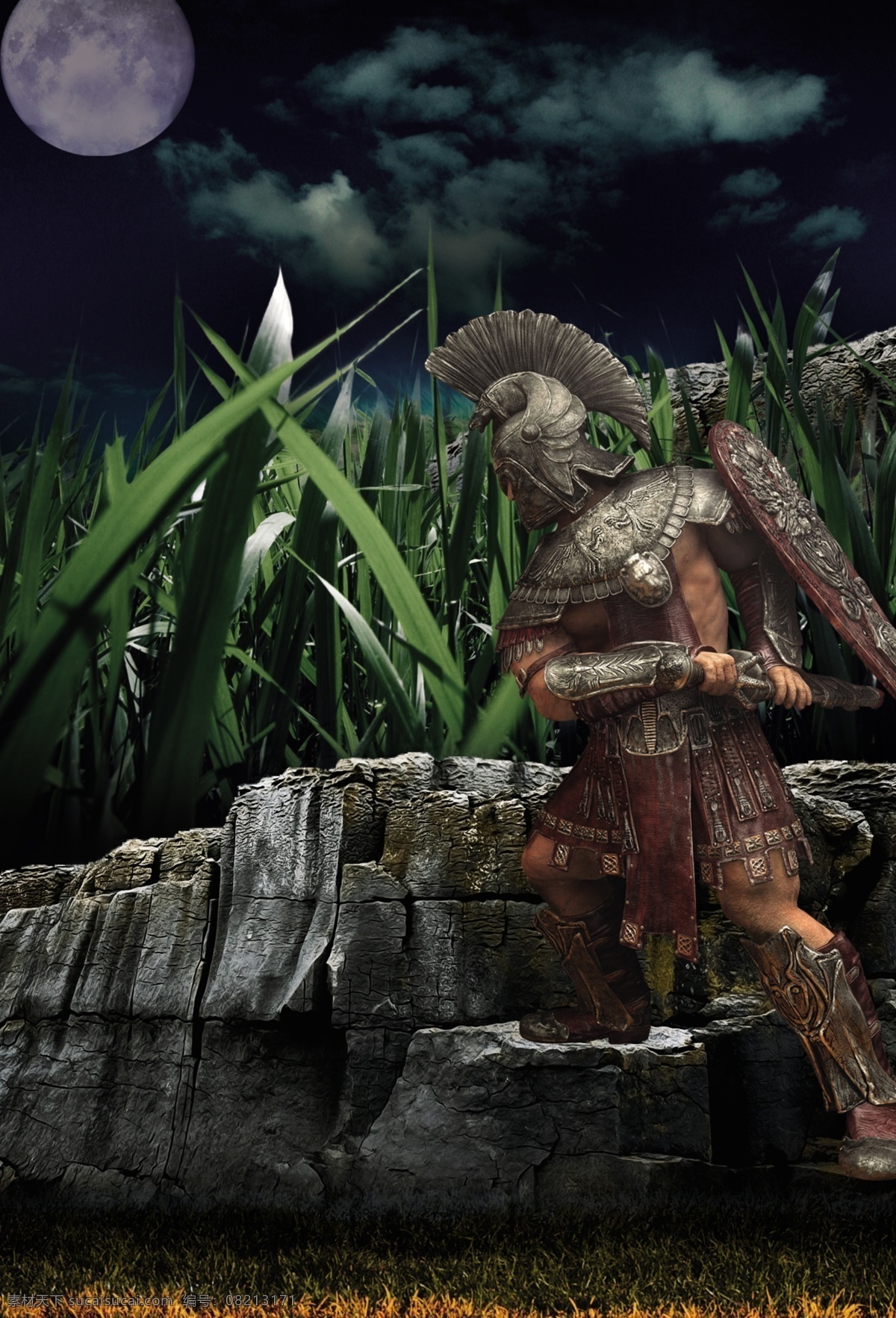 cg角色 古代武士 盔甲 盾牌 月夜 岩石 草丛 广告设计模板 源文件