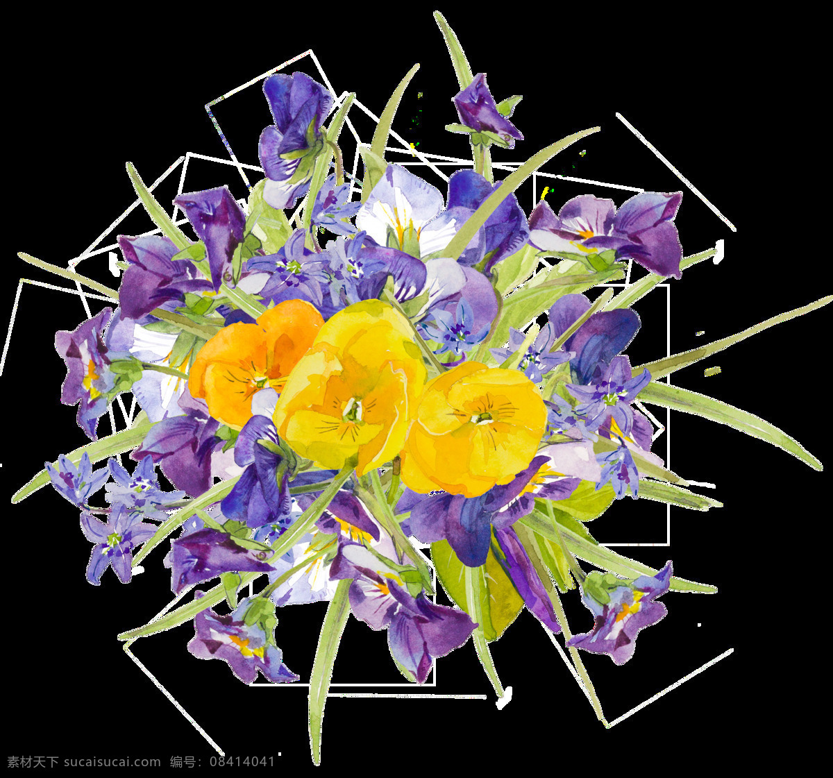 紫 黄色 花朵 水彩 手绘 透明 卡通 透明素材 免扣素材 装饰图案