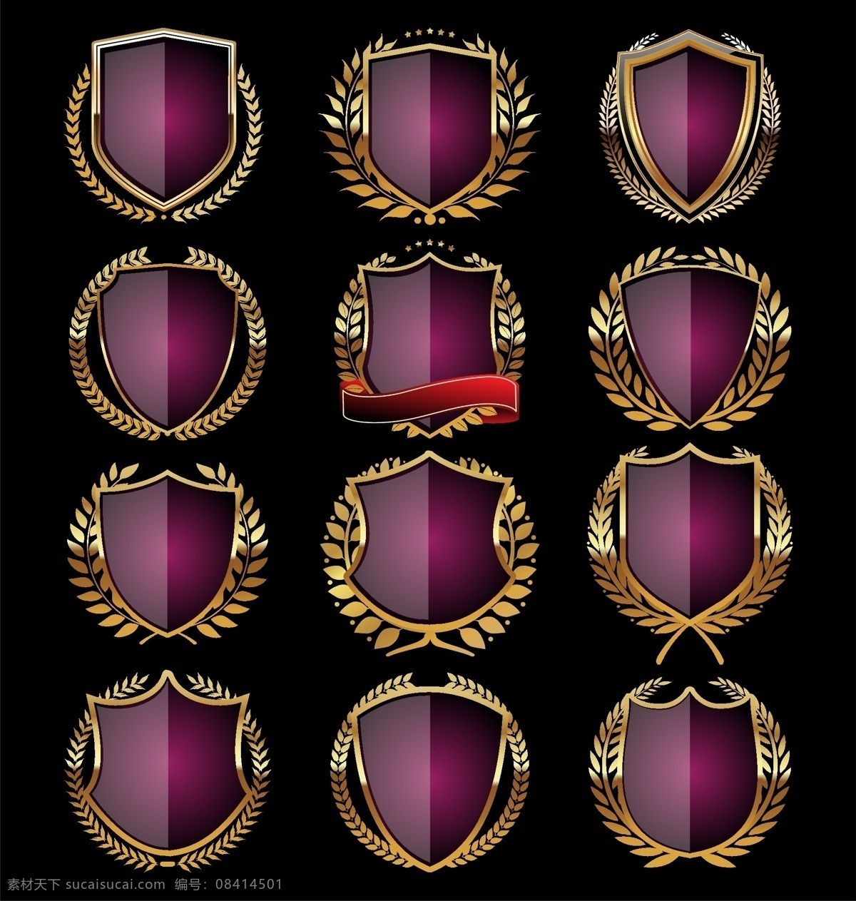 空白 桂冠 徽章 紫色 玻璃质感 盾牌 标签 矢量 高清图片
