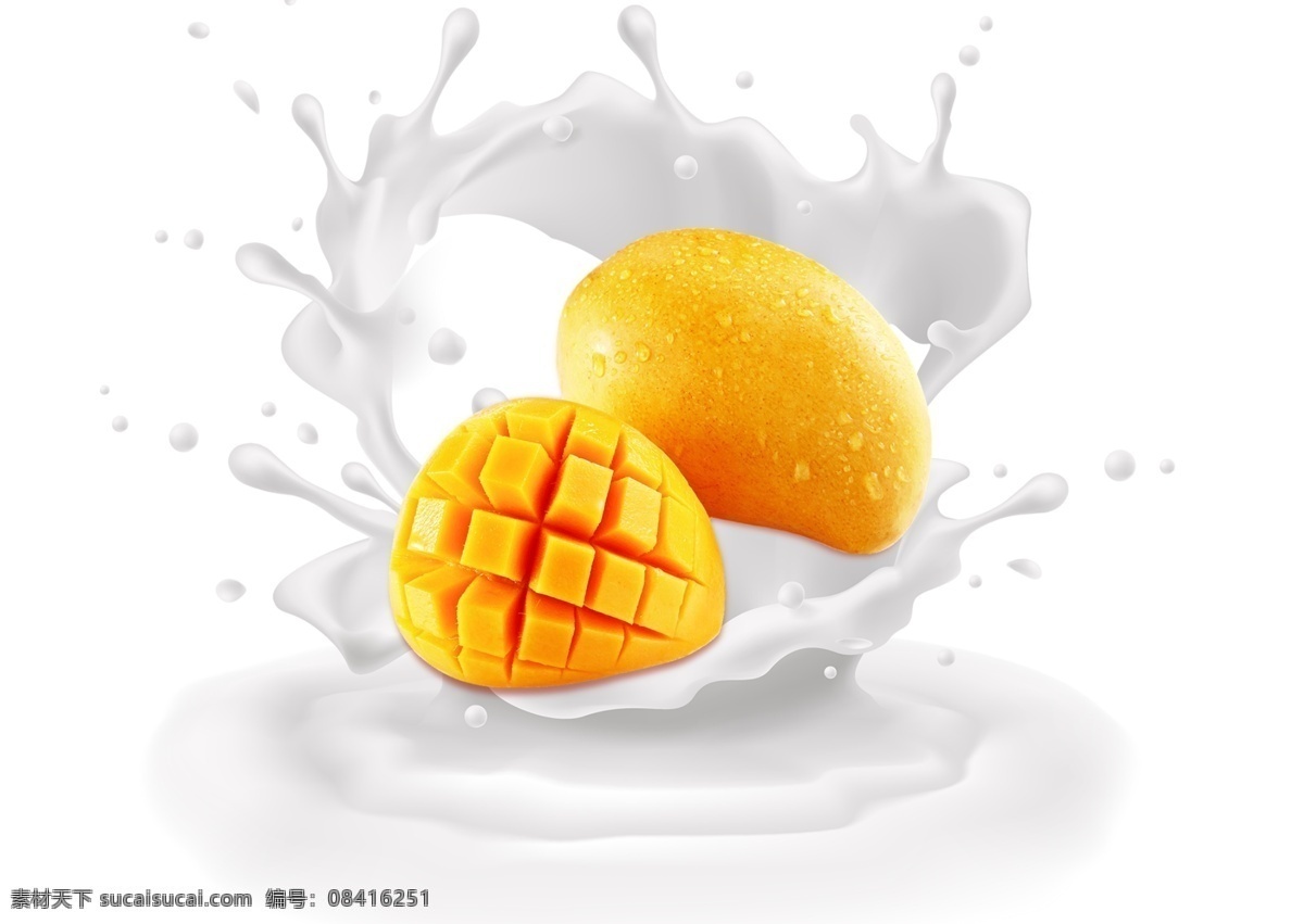 芒果 掉 入 牛奶 喷溅 牛奶飞溅 新鲜 橙色 芒果图片素材 芒果切面 水果 效果元素