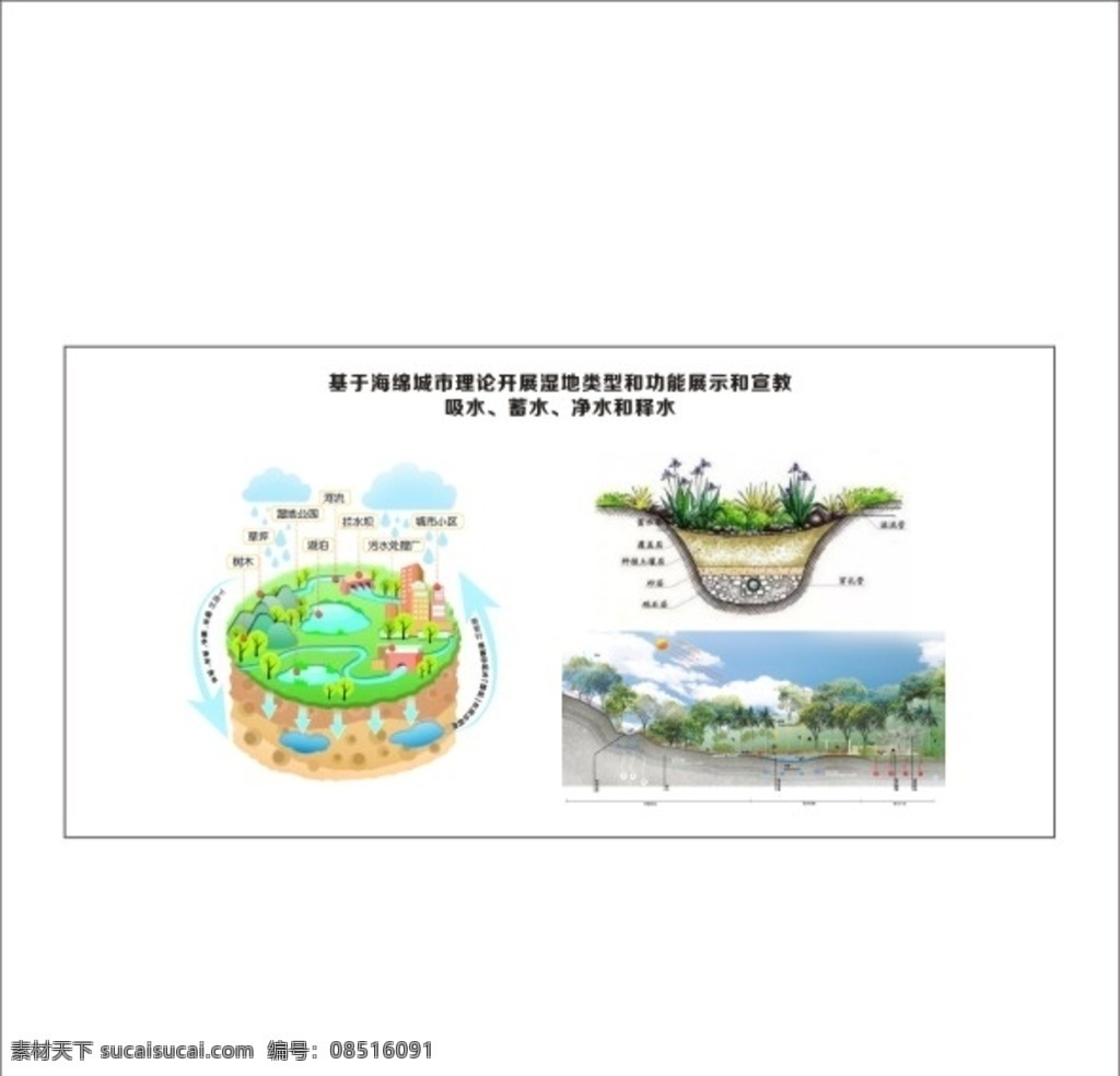 城市雨水过滤 海绵城市理论 开展湿地类型 功能展示 宣教 吸水 蓄水 净水 释水 湿地公园 河流 地下径流 蓄水层 节约 城市 下水道 湖泊 污水处理