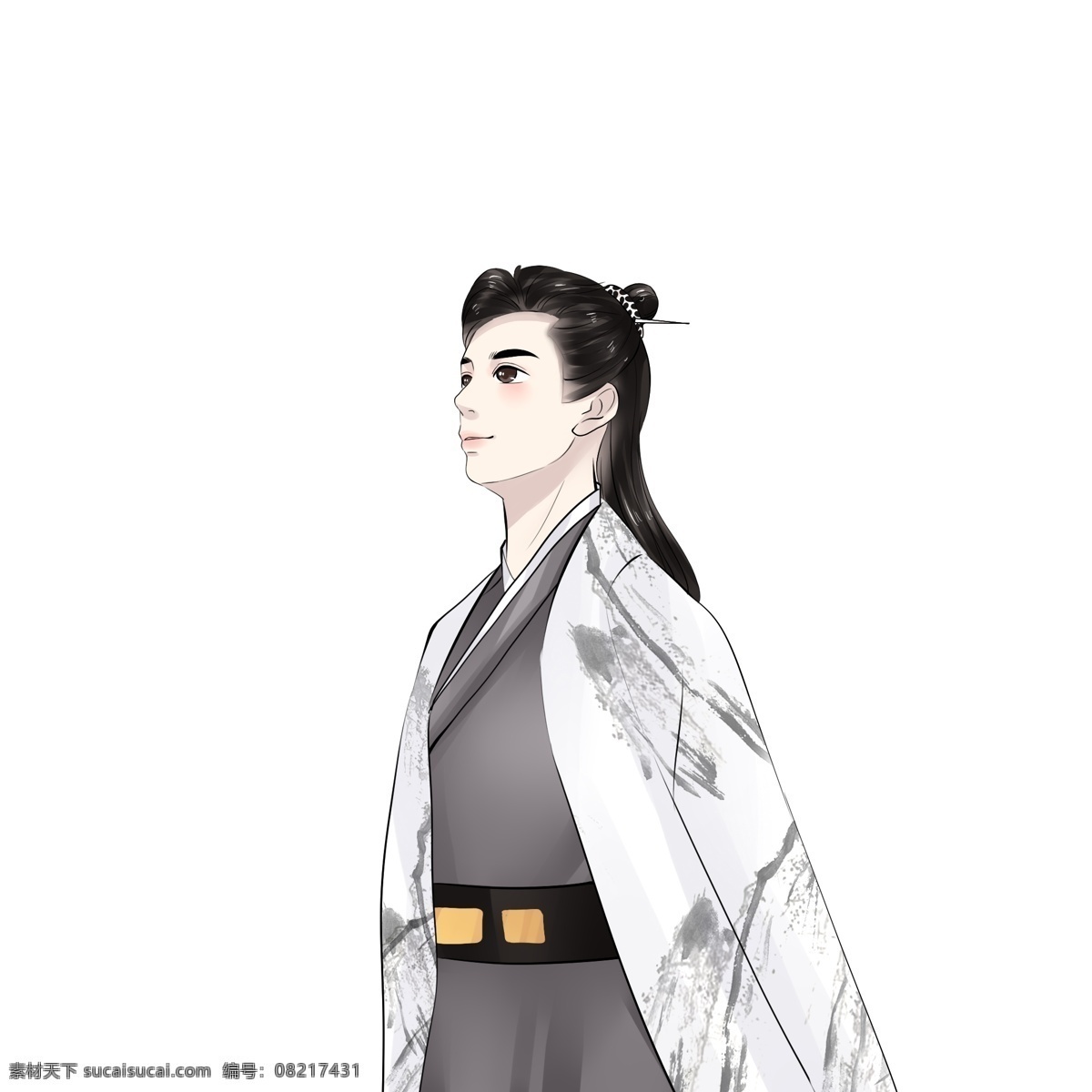 古风 男装 潇洒 文人墨客 古装 手绘 帅哥 侠客 汉服 白色 头饰 墨色 武术 古武 飘雪 冬天 冬季 墨客