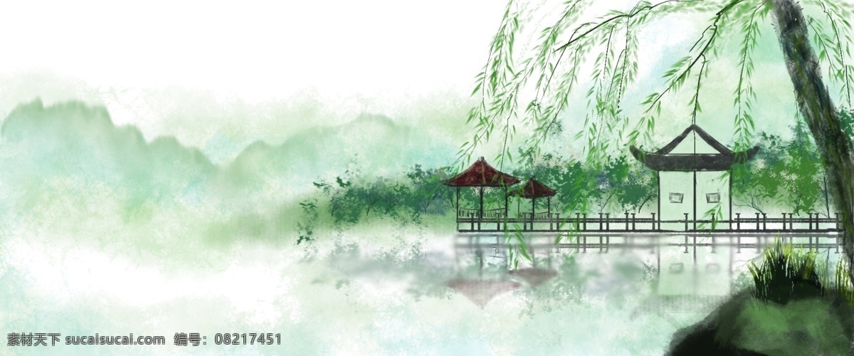 古风 插画 场景 建筑 手绘 柳树 亭子 古风插画 古风场景建筑 手绘场景 psd分层
