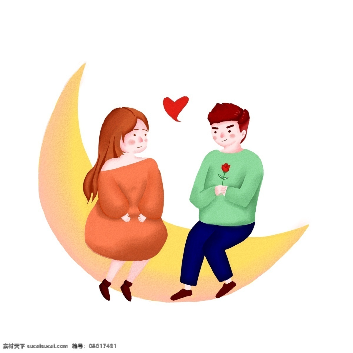 手绘 坐在 月亮 上 情侣 插画 手绘人物 爱心 红心 玫瑰花 情人节插画 约会