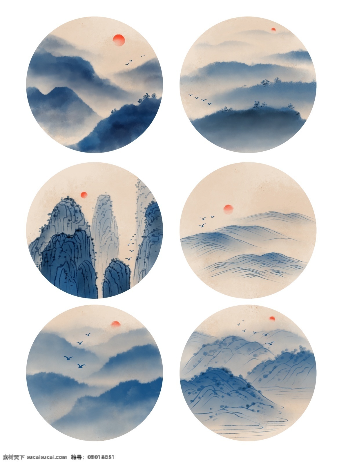 圆形 青色 山水 水墨 圆形水墨 青色山水 中国风 气势 古风 旧风 主图 宣传图 底