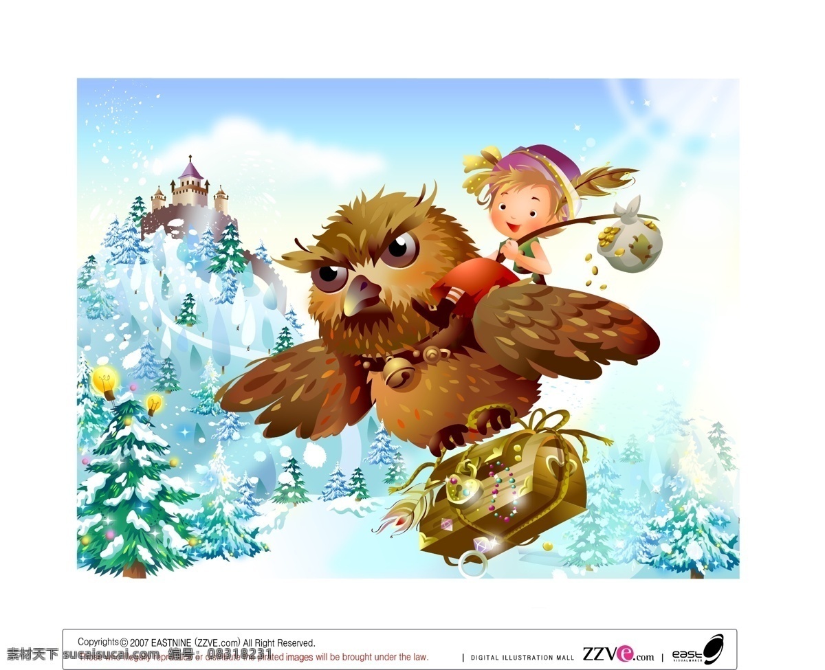 韩国 　 卡通 魔法世界 雪山 城堡 小孩 猫头鹰 财宝 矢量人物 其他人物 矢量图库