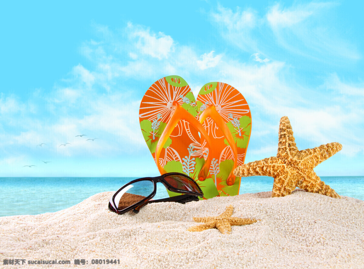 沙滩 夏天 元素 海滩 海星 眼镜 拖鞋 海面 沙子 背景素材 高清图片 大海图片 风景图片