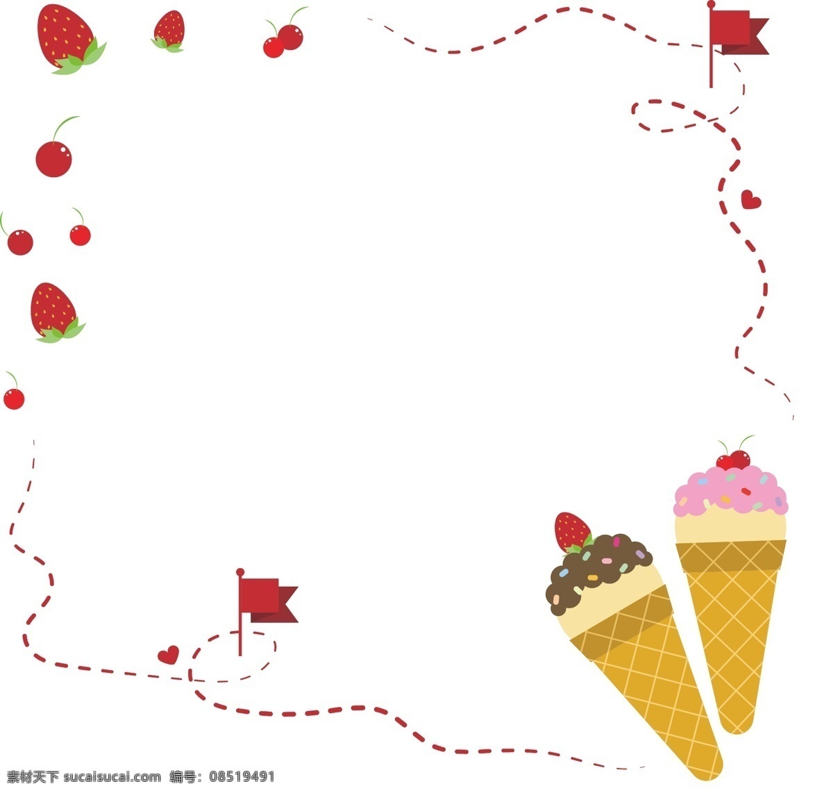 夏日 甜筒 冰淇淋 草莓 樱桃 寻 宝 边框 矢量 免 抠 甜筒冰淇淋 清凉夏日 甜品 甜点 小旗子 爱心 车厘子 水果 红色水果 虚线线路