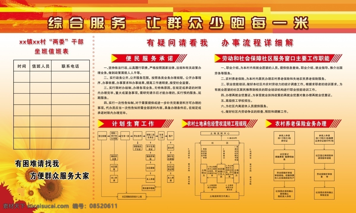 便民服务 值班表 服务承诺 土地承包 劳动保障 红色展板 展板样式 分层