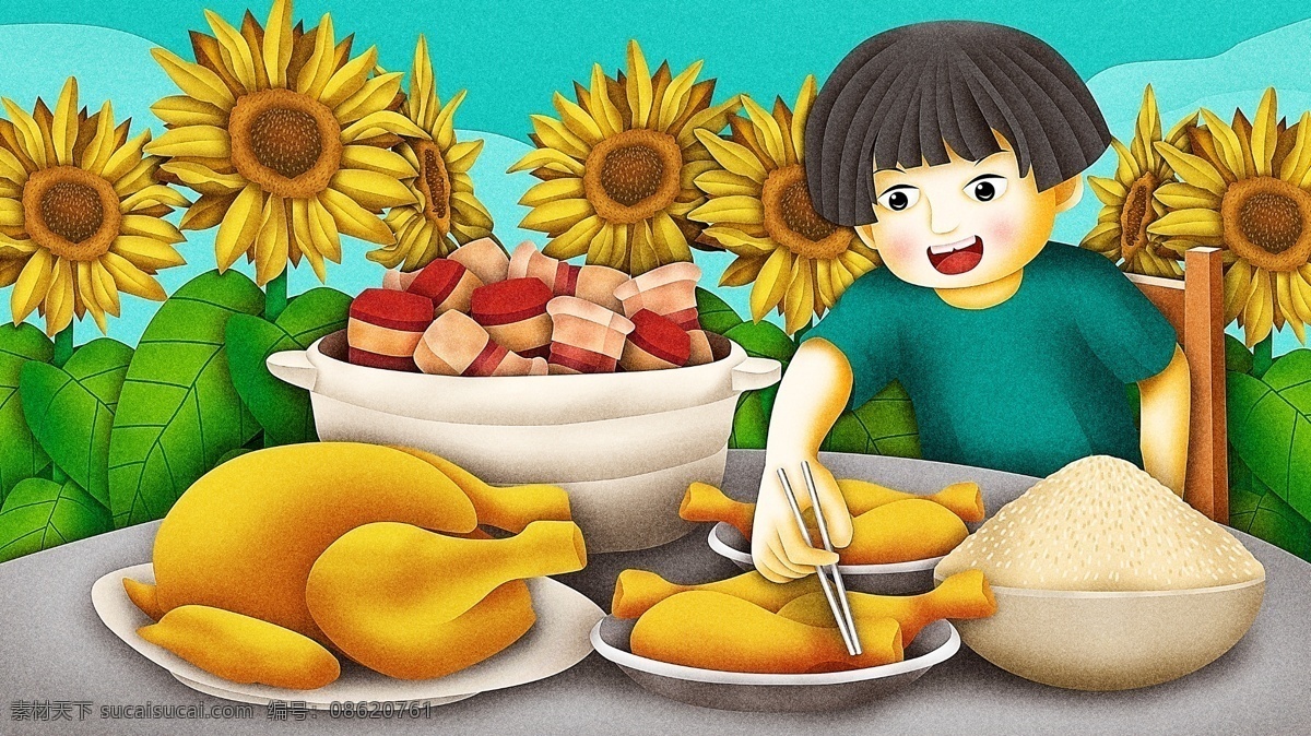 小 清新 立秋 秋天 向日葵 贴 秋 膘 红烧肉 原创 插画 小清新 食物 卡通 小清新插画 立秋插画 向日葵插画 贴秋膘 贴秋膘插画 红烧肉插画 食物插画 秋天插画 节气 节气插画 卡通插画