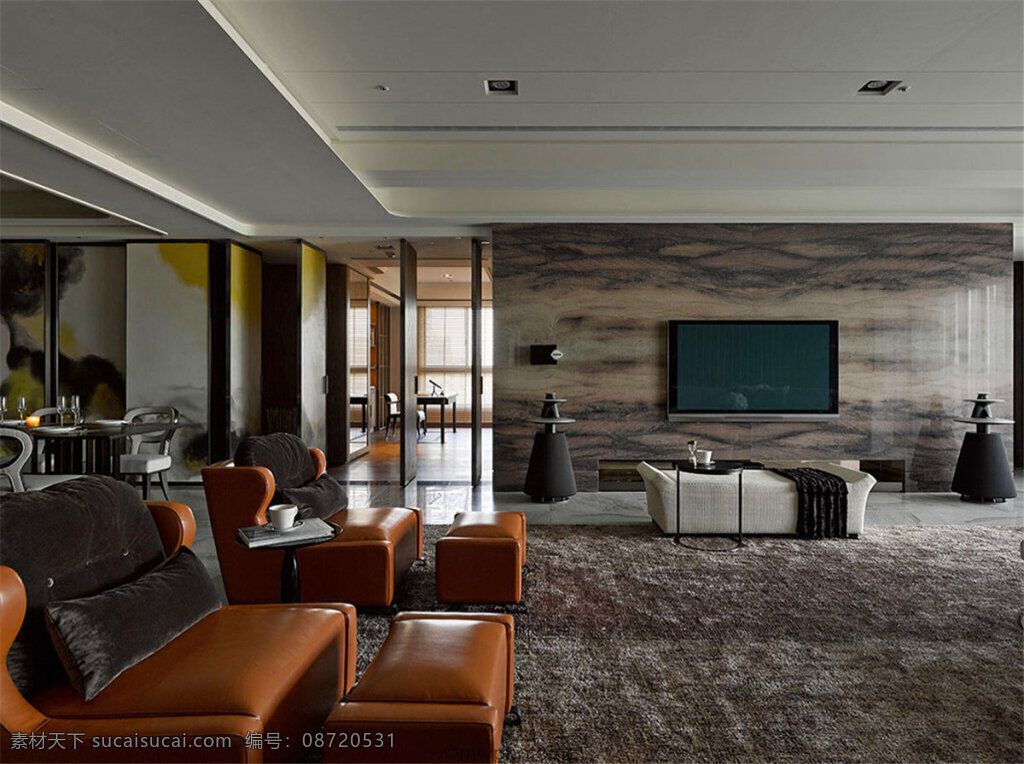 现代 时尚 客厅 深褐色 皮质 沙发 室内装修 效果图 白色茶几 客厅装修 深色花纹地毯