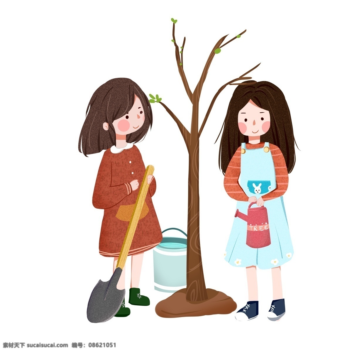 植树节 卡通 小 清新 种树 闺 蜜 俩 3月12日 女孩 闺蜜 女生 植树 树木 铲子 水桶 花洒 绿色环保