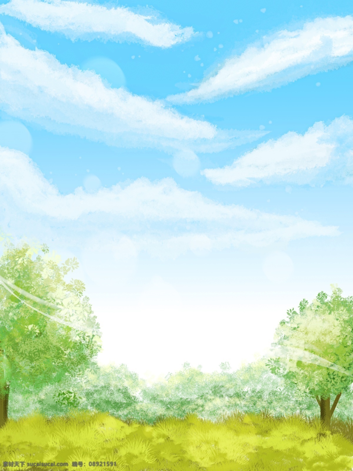 纯 原创 春天 小 清新 蓝天 白云 树林 背景 春天背景 小清新背景 蓝天白云 卡通背景 插画背景 云朵背景