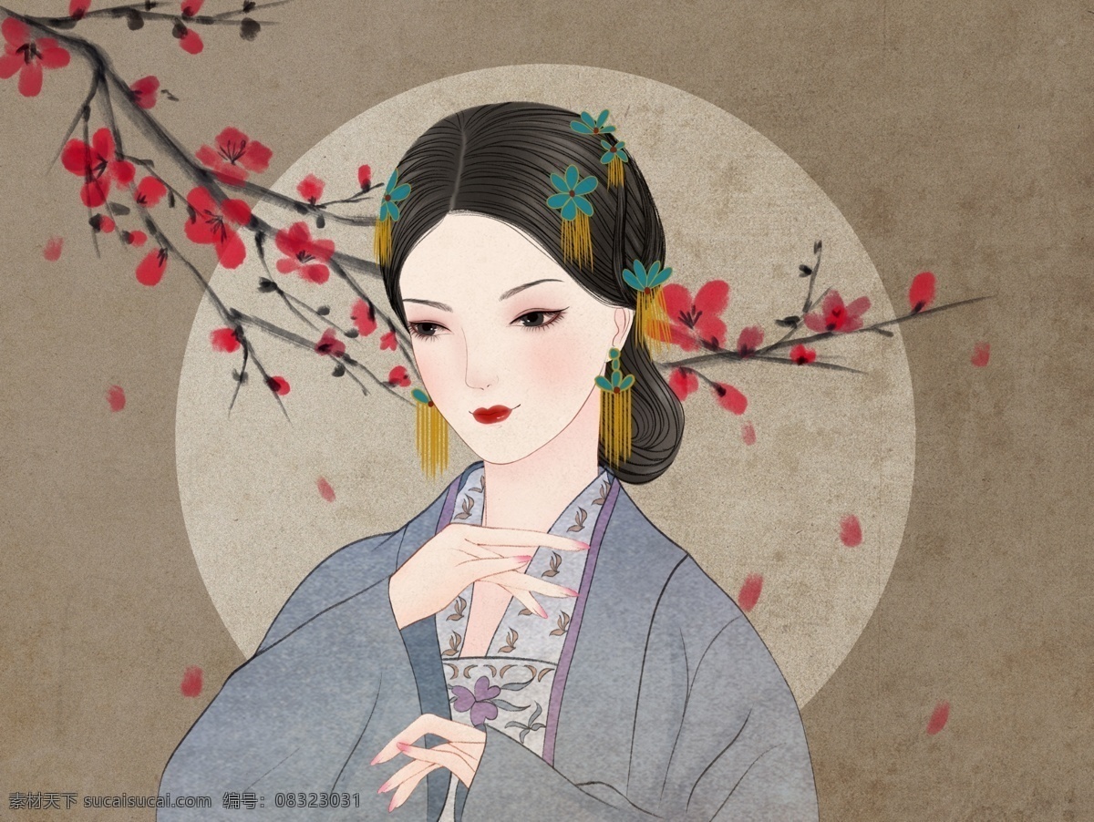 梅花 树下 女子 国 潮 风 插画 古代 国潮 复古