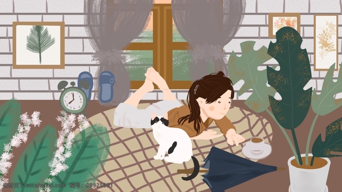 你好 早安 小女孩 喝 咖啡 唯美 浪漫 小清新 猫 插画 你好早安 女孩 日签 海报