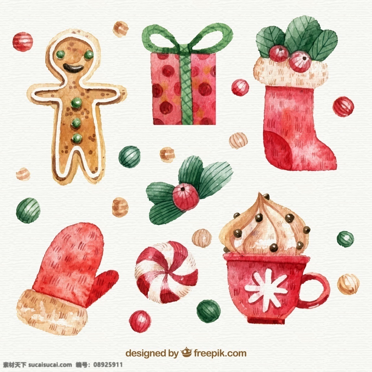 款 水彩 绘 圣诞节 元素 矢量 礼物 植物 蛋糕 节日 手绘 姜饼 用品