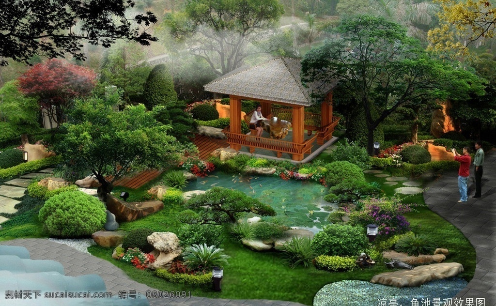 别墅花园 花园 别墅园林 园林设计 凉亭 鱼池 小桥鱼池 景观设计 别墅 环境设计