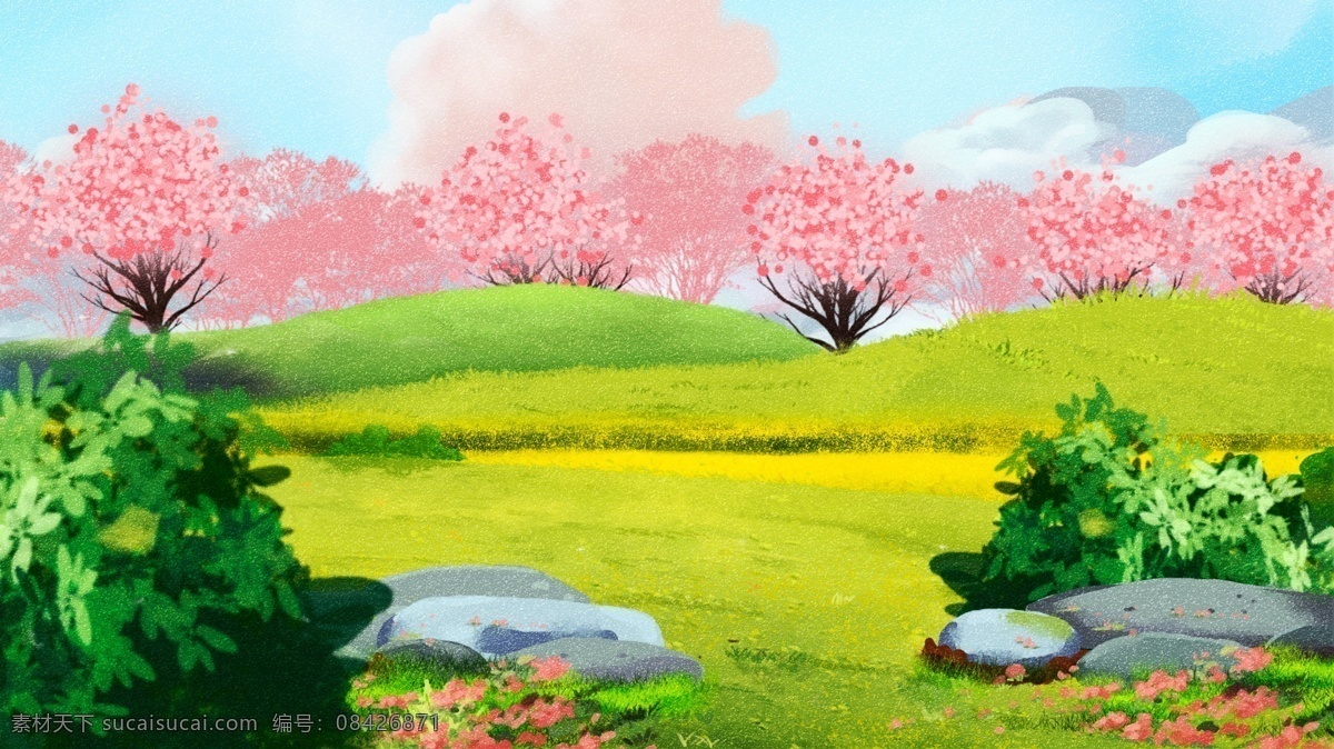 绿色 清新 春季 树林 背景 景色插画背景 手绘背景 森系背景 树林背景 树叶背景 绿色背景 治愈系背景