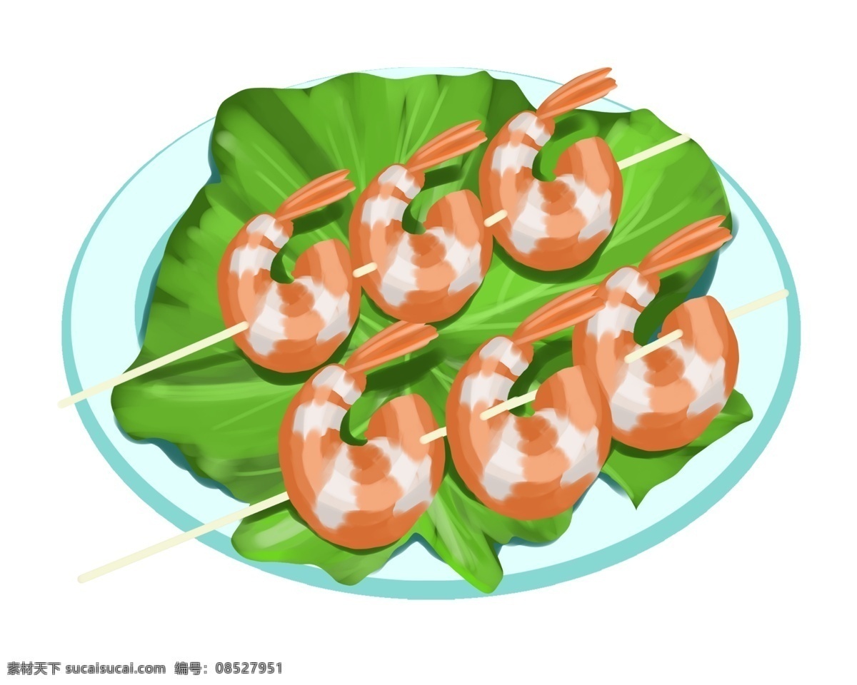 手绘 海鲜 虾 肉 插画 手绘虾 虾肉 串串虾 大虾 美食 绿菜 虾肉插画 海鲜插图 海鲜虾肉插图