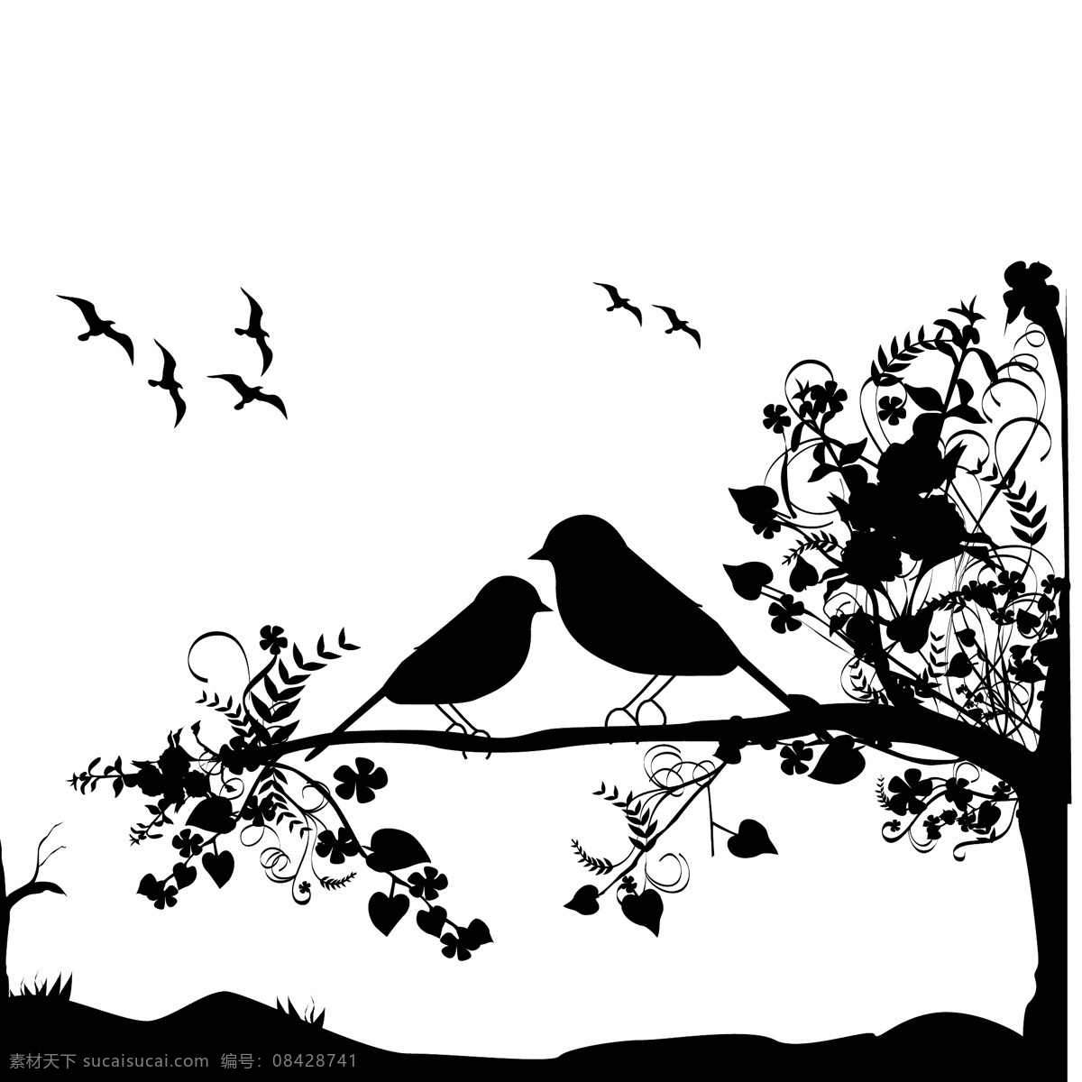 站 树枝 上 鸟 插画 黑色叶子 印花图案 植物 站在树枝上 矢量图 花纹花边
