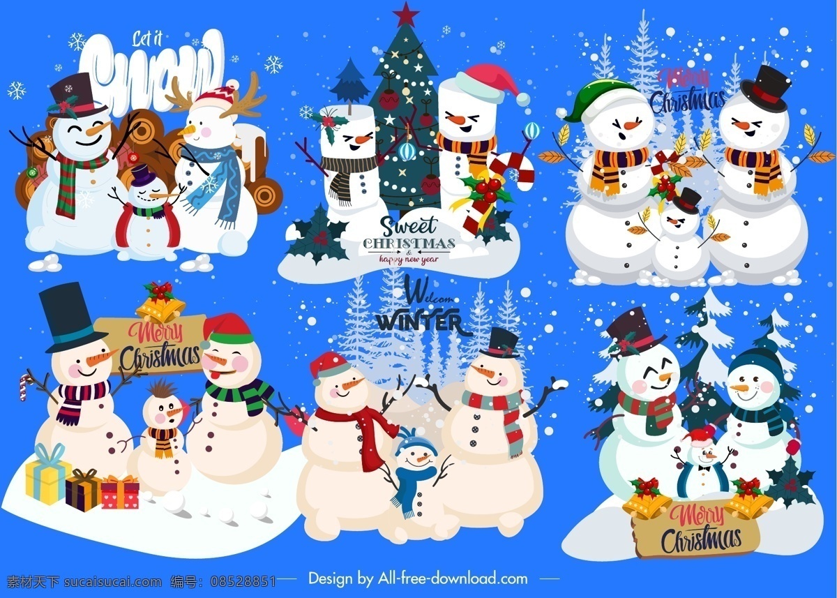 可爱 圣诞 雪人 雪花 圣诞吊球 圣诞树 冬季 松树 矢量 高清图片