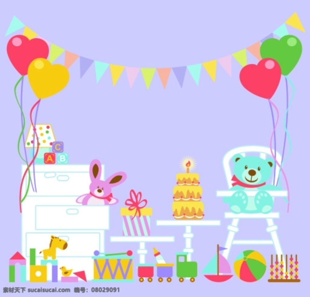 生日派对海报 生日 派对 海报 矢量 对周 出生 幼儿 儿童 生日宴 卡通 气球 蛋糕 礼物 小熊 小兔子 彩旗