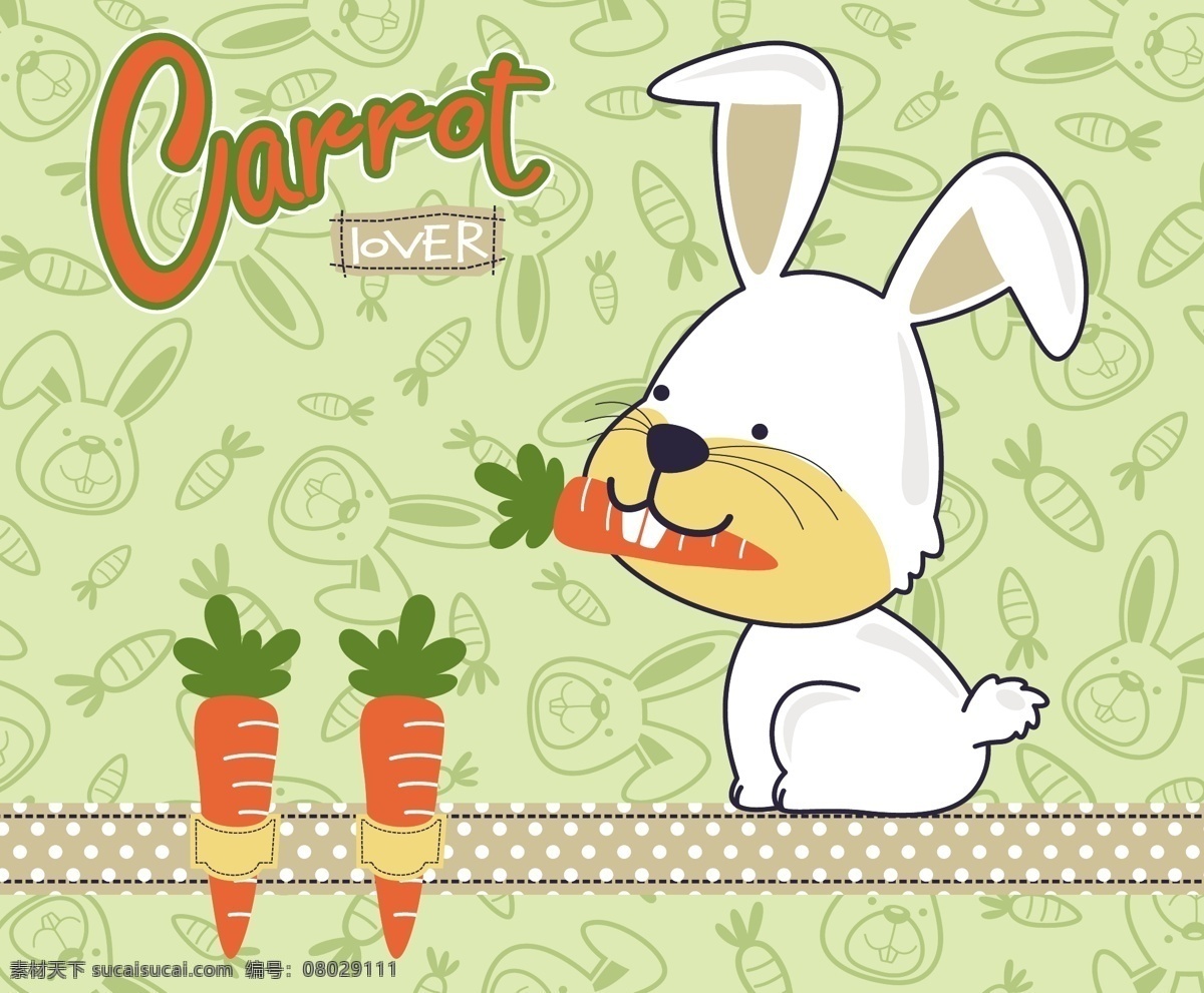 呆 萌 可爱 兔子 卡通 插画 淡绿色底纹 动物 卡通插画 儿童插画 萝卜 红色食物 红色英文