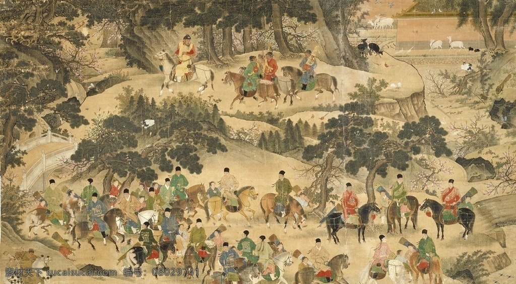 宣宗出猎图 房屋 马 鹿 花 草 树 竹 山 石 明朝 宣宗 国画 商喜 工笔 古典 古代 印章 绘画 书法 高清 大图 艺术 传统文化 绘画书法 文化艺术
