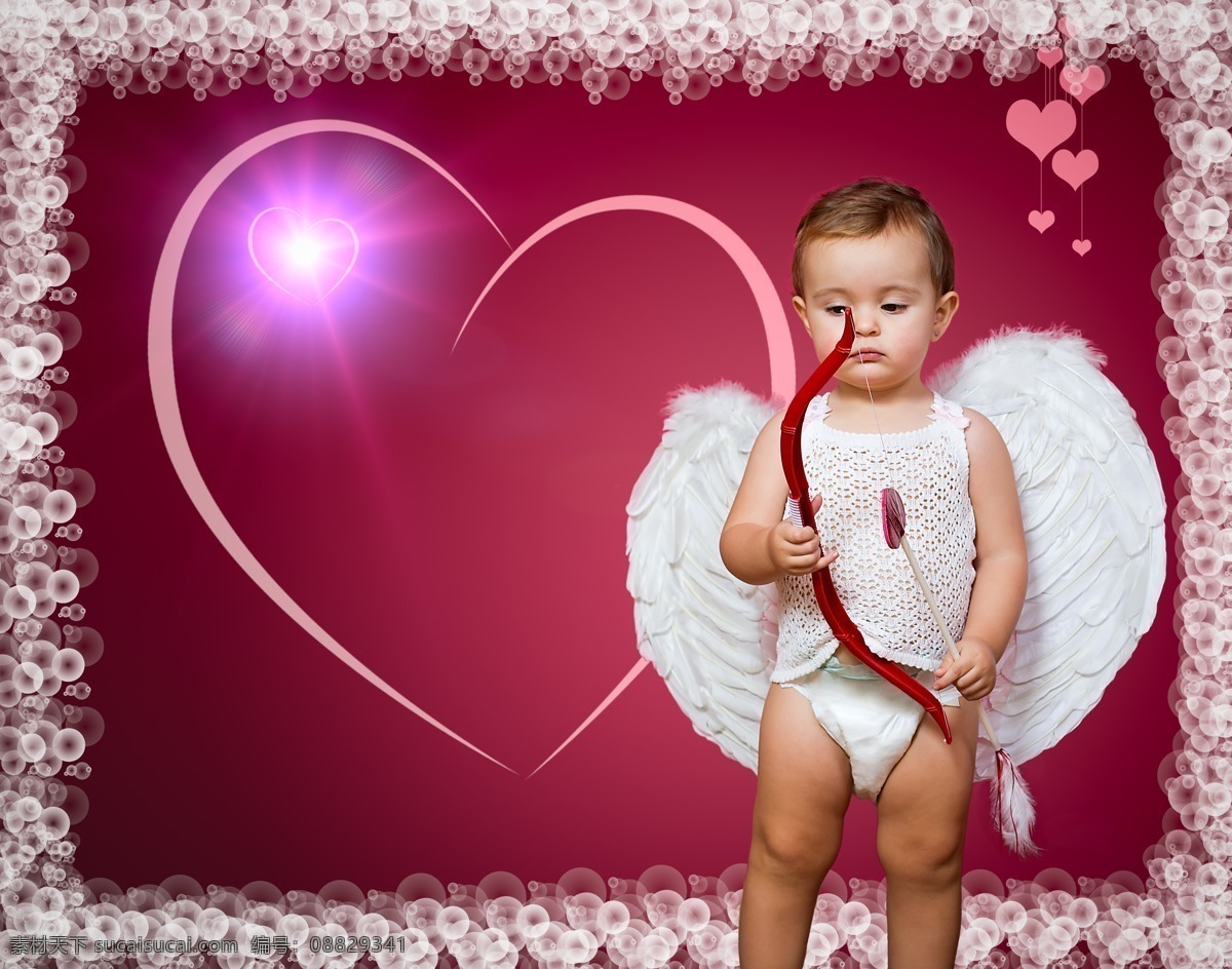 穿着 天使 服装 小孩 天使服装 弓箭 心形 婴儿幼儿 幼儿 外国小孩 儿童图片 人物图片