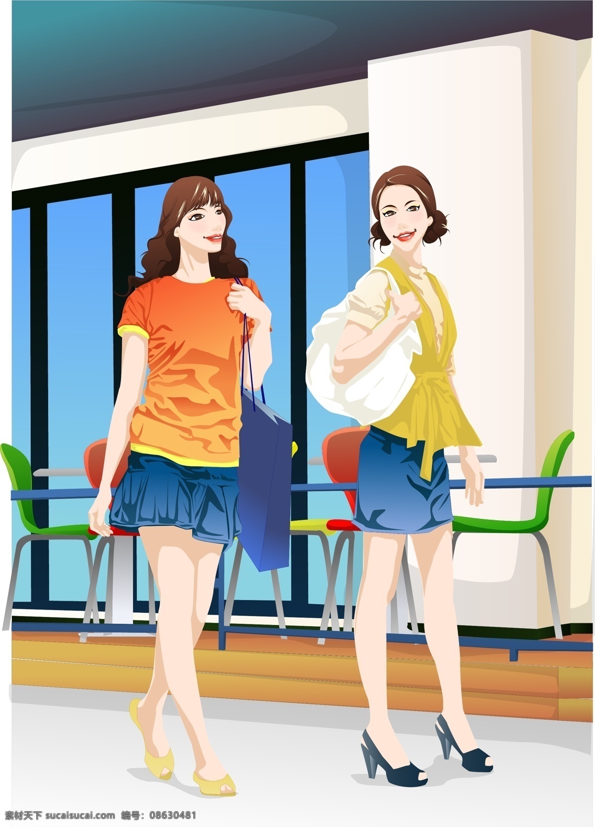 美女 朋友 都市 逛街 放假 高跟鞋 购物 卷发 咖啡厅 卡通背景 可爱 矢量人物 牛仔裙 漂亮 商务 上班族 休闲 时尚插画 友情 矢量图