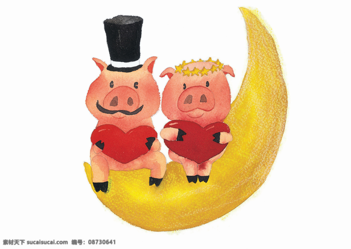 卡通画 插画 动漫动画 卡通情侣 月亮 月牙 卡通画插画 漫画卡通画 两只小猪 卡通画插画图