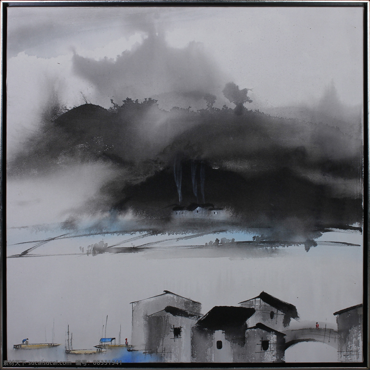 山村 风景 中国画 书画美术 设计素材 山水画篇 中国画篇 灰色