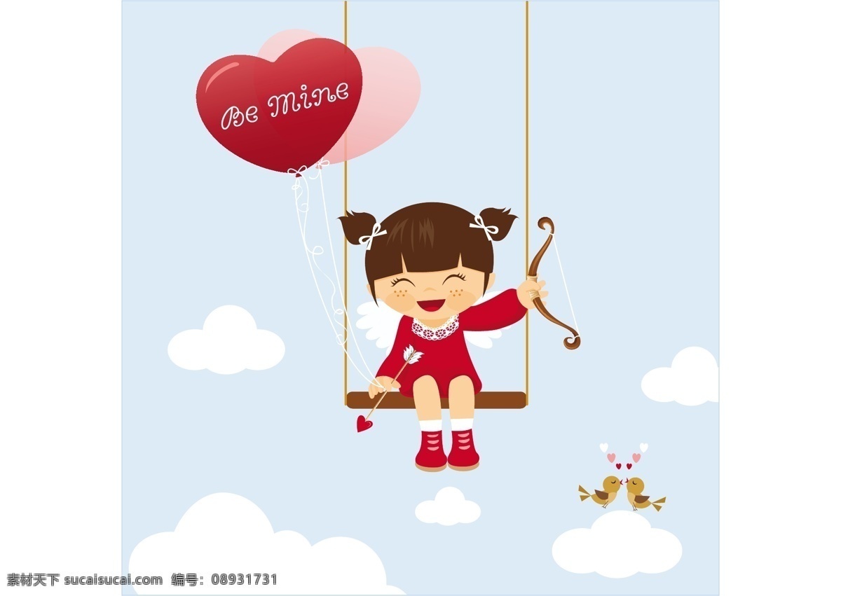 情人节 丘比特 矢量 爱情鸟 爱心 秋千 小女孩 情人节丘比特 矢量图 矢量人物