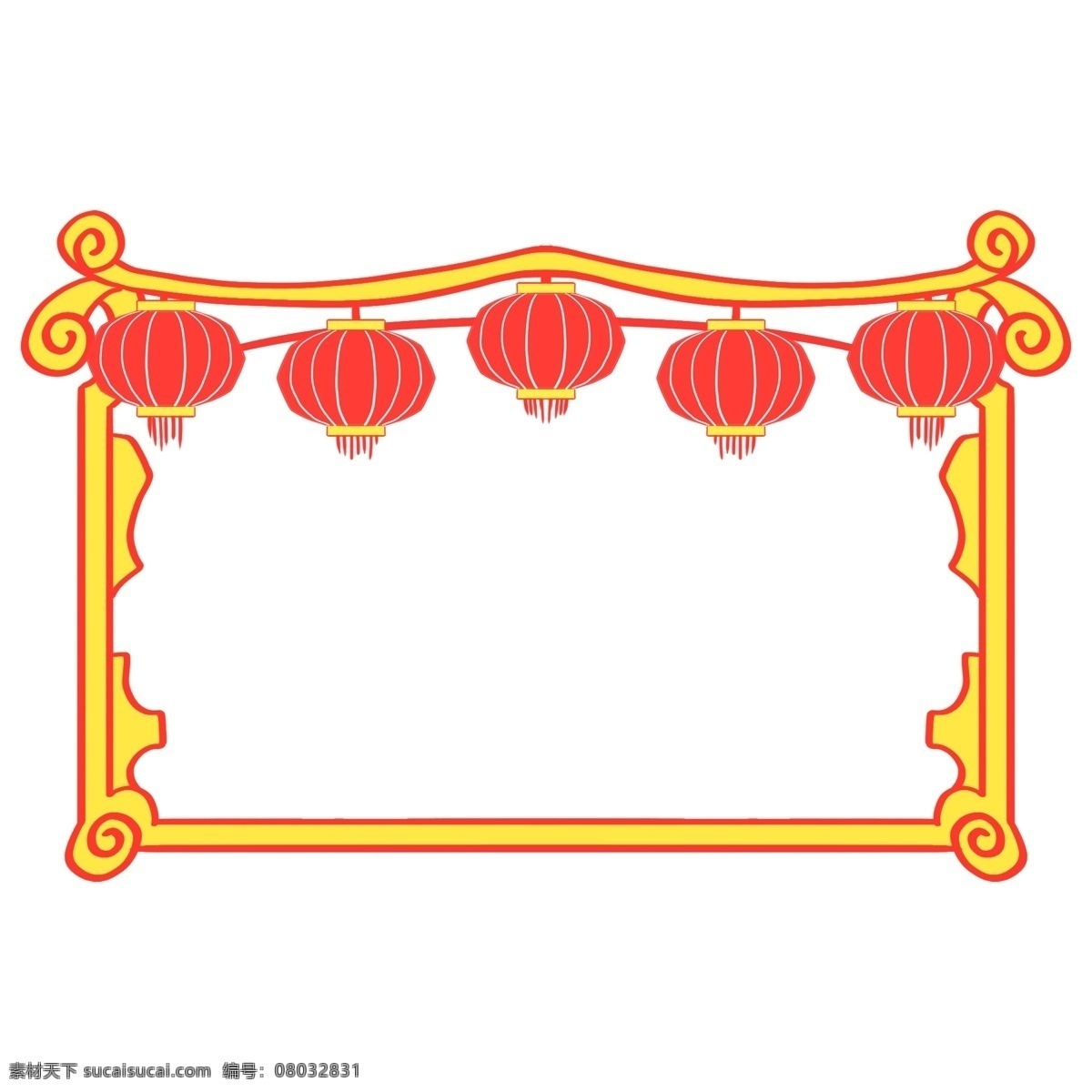 手绘 圆 灯笼 边框 插画 元旦边框 插图 红色灯笼 黄色 元旦边框插图 新年