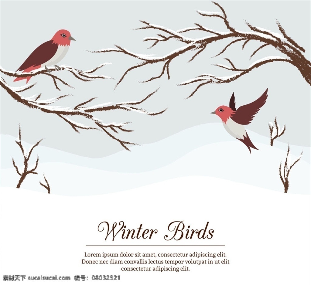 彩绘 冬季 树枝 鸟 积雪 雪花 动物 生物世界 鸟类
