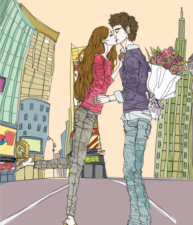卡通 男女 城市 景观 漫画 卡通男女 城市景观漫画 建筑风景插话 男孩女孩 恩爱情侣 情人节 道路 城市高楼建筑 花束 矢量人物 日常生活 职业人物 自然风景 矢量图库 矢量
