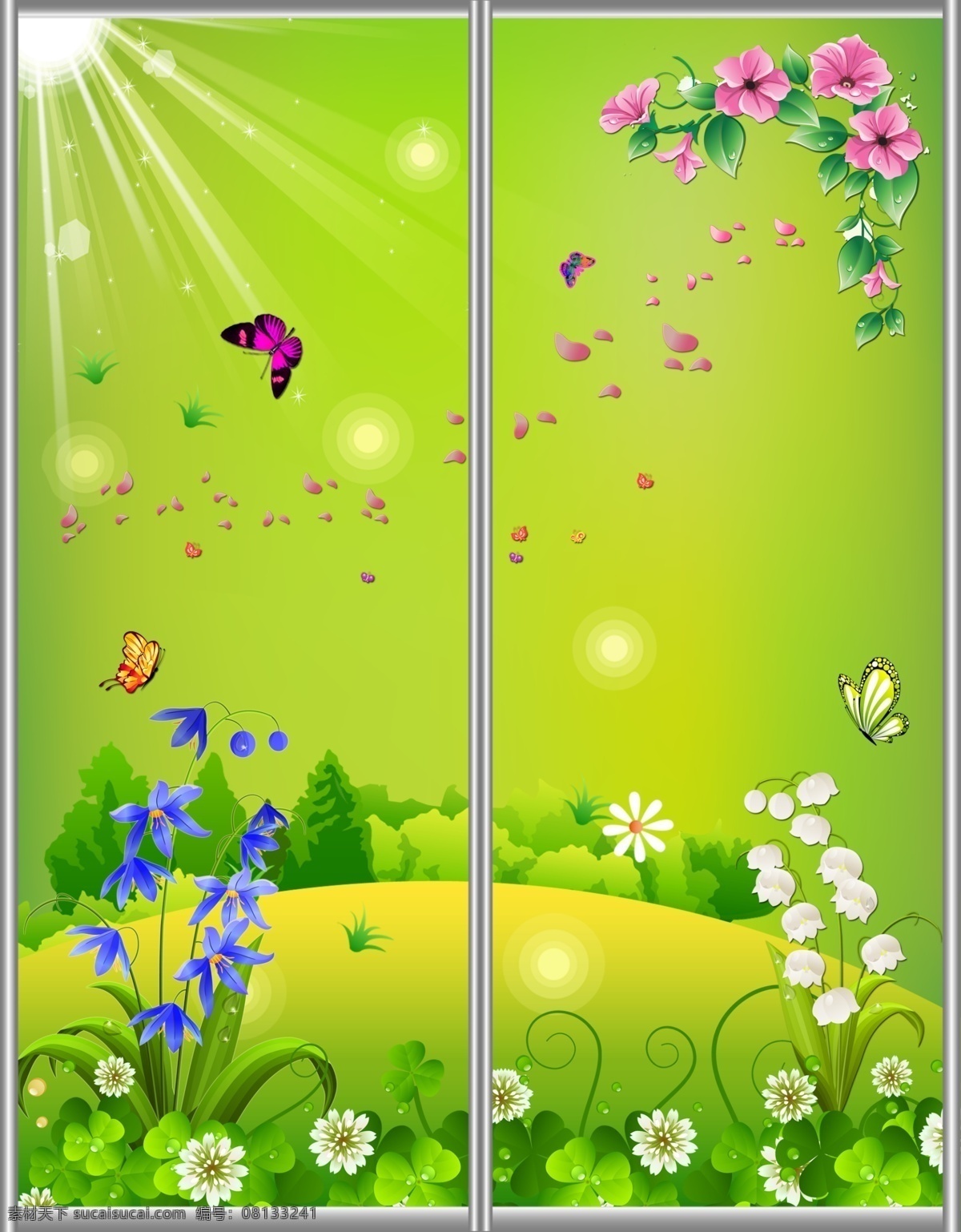 草地 风景 广告设计模板 蝴蝶 花瓣 花朵 花卉 卡通 移门 图案 模板下载 移门图案 移门汇 移门图 太阳 绿色 源文件 装饰素材