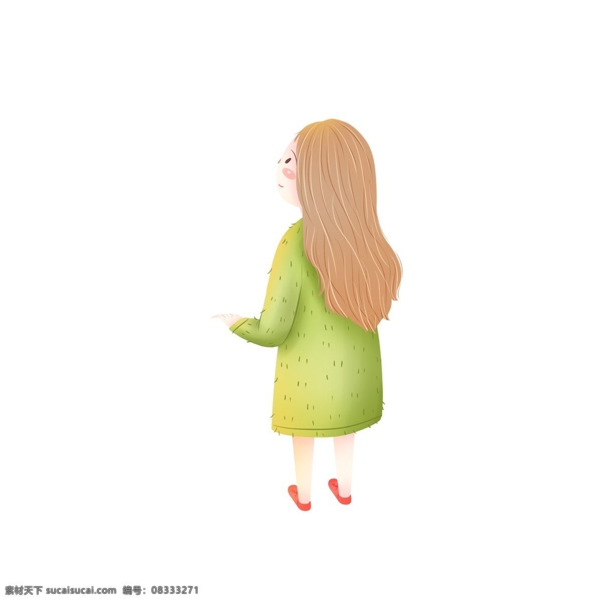 卡通 可爱 穿着 绿色 裙子 女孩 简约 手绘 人物 插画 背影 少女