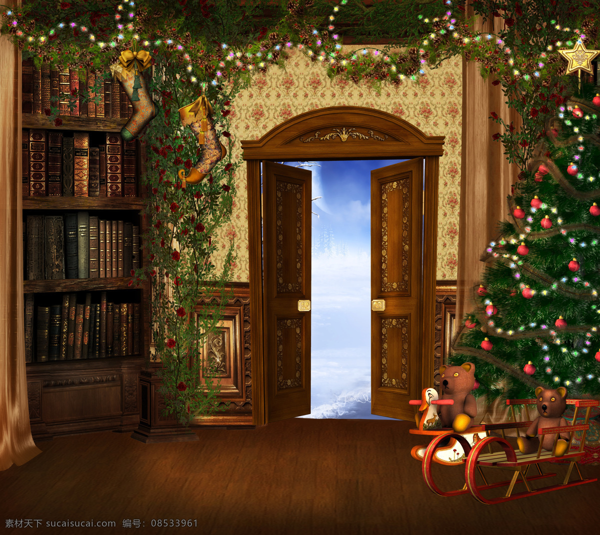 圣诞背景 圣诞节 圣诞礼物 大门 雪橇车 圣诞树 童话背景 相片模板 梦幻 风景漫画 动漫动画 童话风格