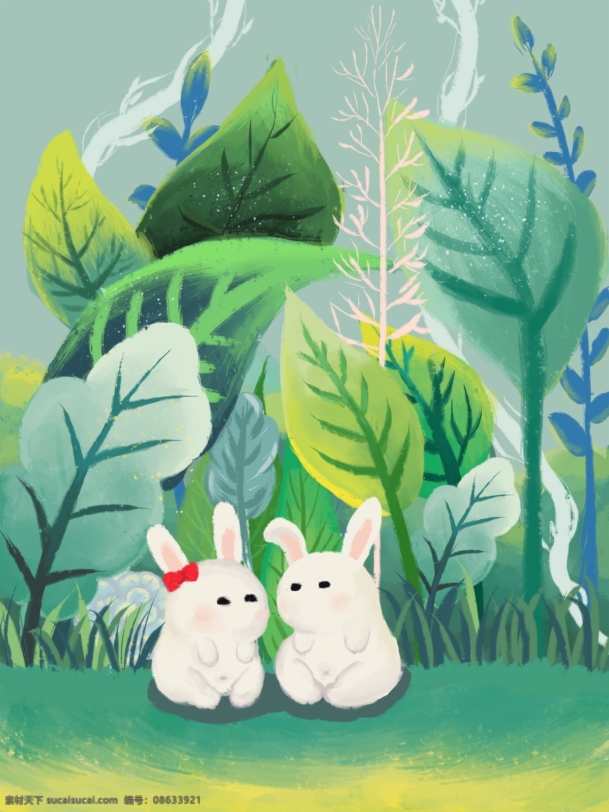原创 小 清新 可爱 兔子 欢乐 时光 治愈 插画 海报 小清新 绿叶 520