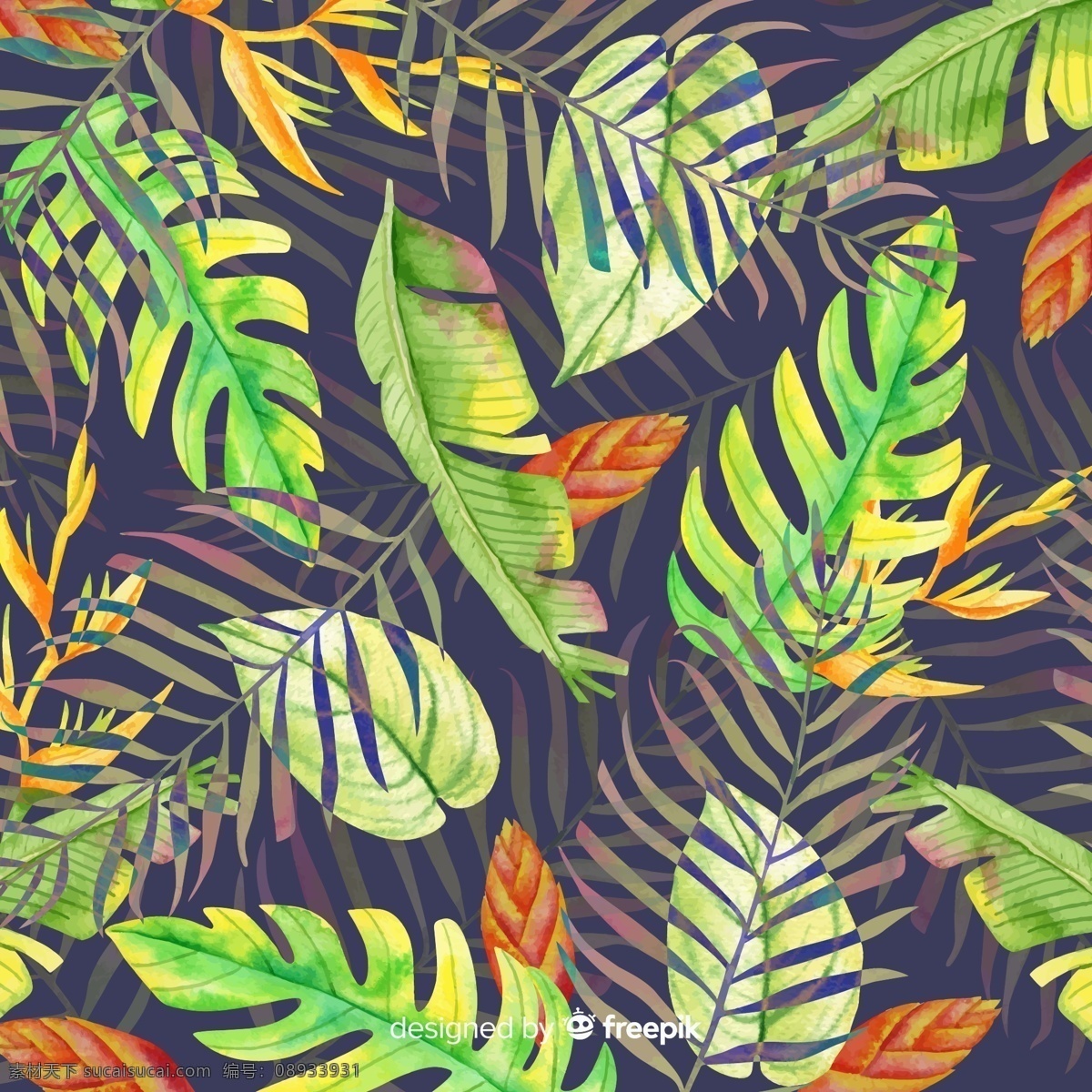 创意热带 树叶背景 矢量素材 芭蕉叶 棕榈树叶 龟背竹叶 创意 热带 树叶 背景 矢量图 ai格式