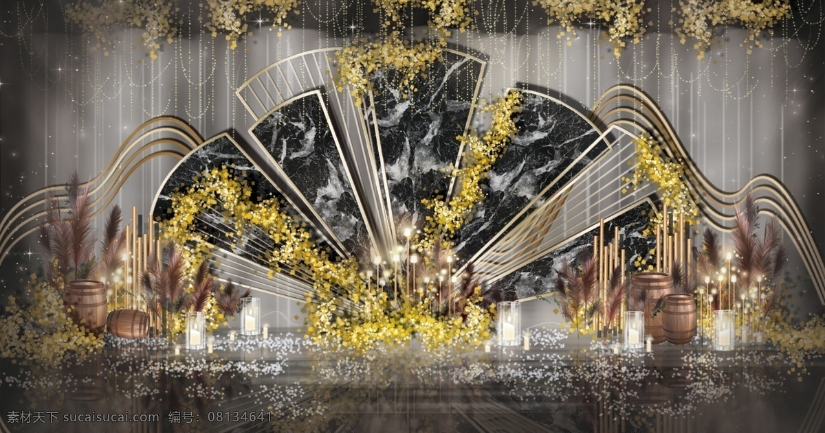 黑金 婚礼 大理 石纹 工装 效果图 黑色 大理石纹 金属铁艺 花艺 金黄色 扇形 迎宾 芦苇 金属管 酒桶 蜡烛 花瓣 线帘吊顶 简约