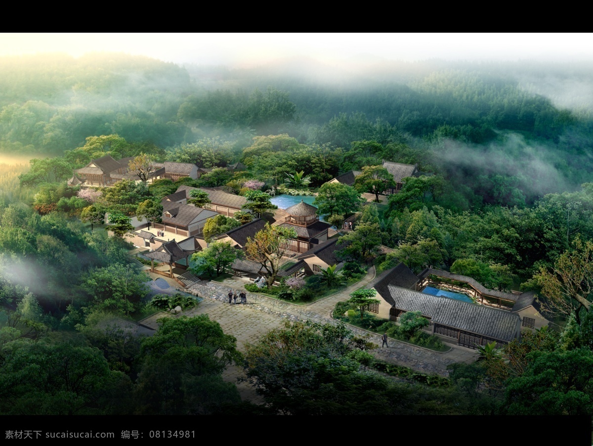 庭院 庄院 山庄 山村 中式庄院 中式建筑 古建群 休闲山庄 度假山庄 效果图 环境效果图 环境设计 分层效果图 ps效果图 效果图系列