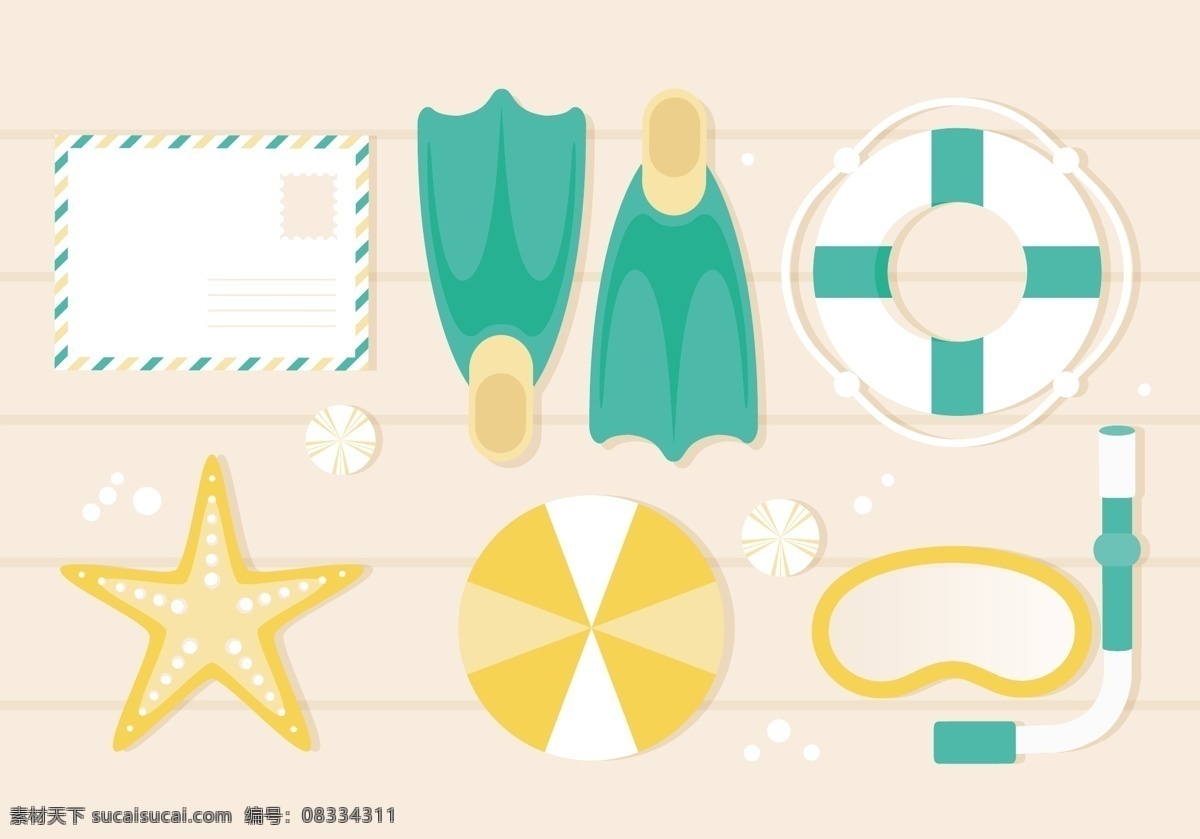 夏季度假素材 夏季度假 夏季 夏季插画 清新 沙滩 矢量素材 沙滩球 海星 邮件 救生圈